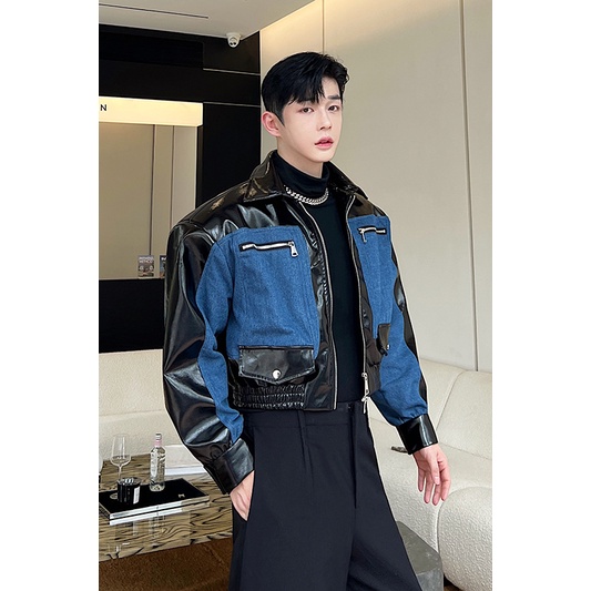 October Áo Khoác denim Dáng Ngắn Phối Da Thời Trang Cao Cấp Cho Nam