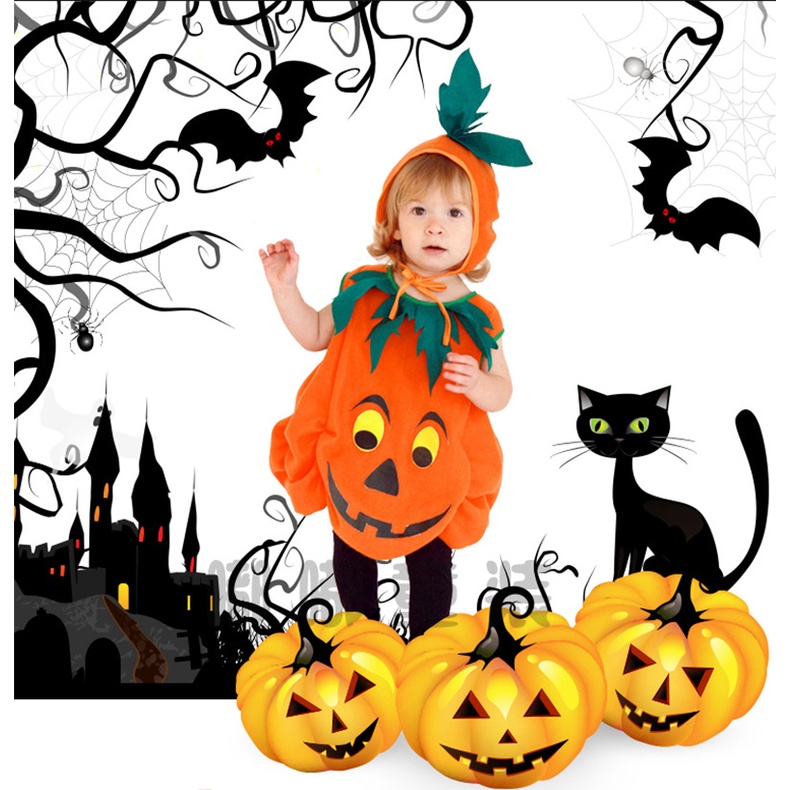 Set Đồ Hóa Trang halloween Hình Bí Ngô Bằng Vải Bông Màu Cam unisex Cho Bé
