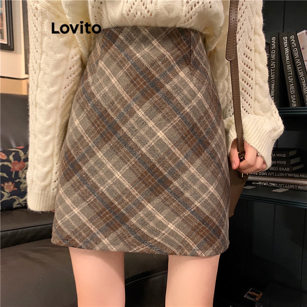 Lovito Váy kẻ sọc cơ bản thông thường cho nữ LNE21298 (Màu nâu)
