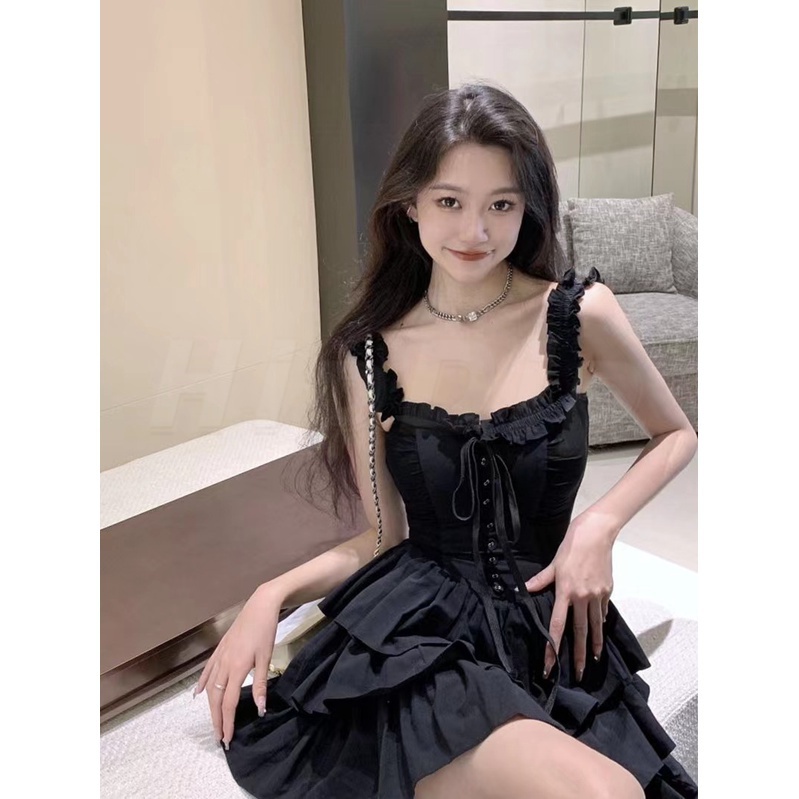 Váy BabyDoll Đầm dự tiệc Charm Đầm Hai Dây Một Tầng Hở Vai Màu Trơn Phong Cách Nhẹ Nhàng retro Mùa Hè