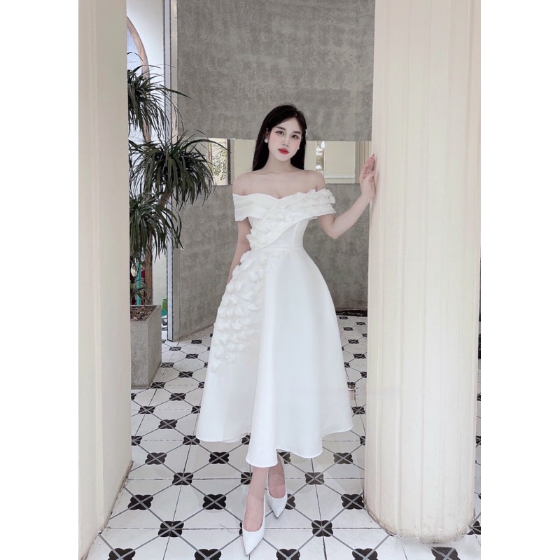 ❤️ V248 VÁY TRẮNG TRỄ VAI DỰ TIỆC, đầm đính hoa cô dâu đi bàn miiu
