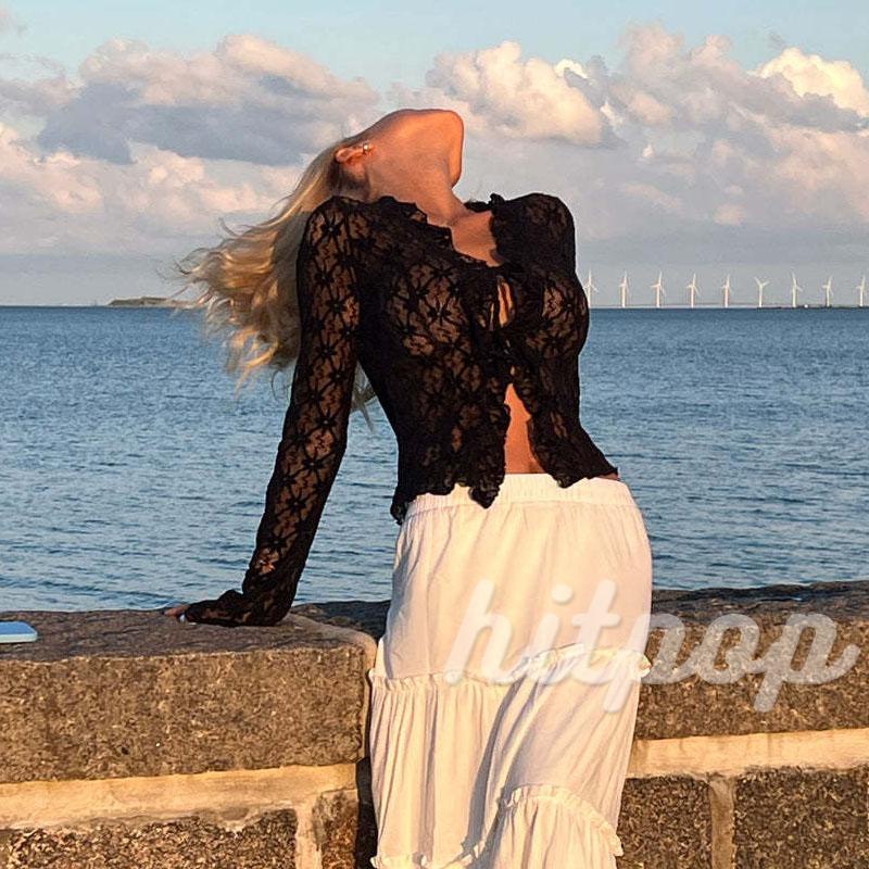 Áo Croptop Ren Hoa Xuyên Thấu Tay Dài Quyến Rũ Cho Nữ