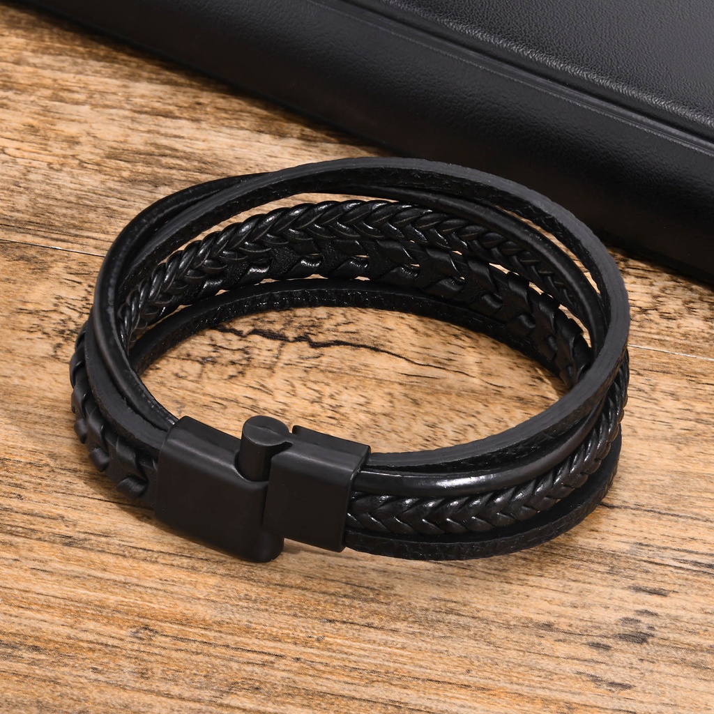 Vnox Vòng Tay Da Nhiều Lớp Màu Đen Thời Trang Cho Nam