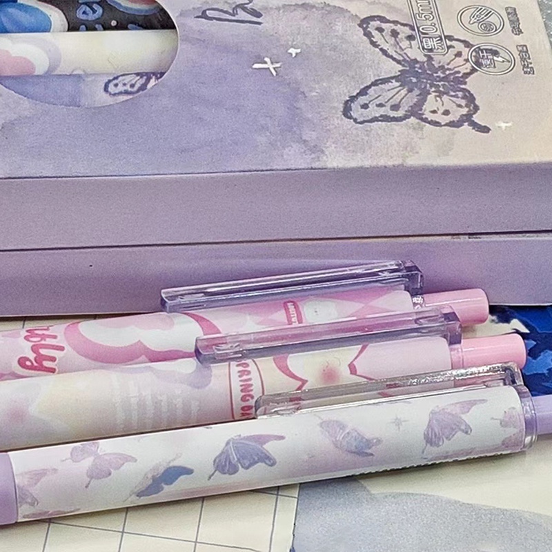 Bộ Bút Mực Đen Ngòi 0.5mm In Hình Bướm Màu Tím Mơ Ước Nhanh Khô