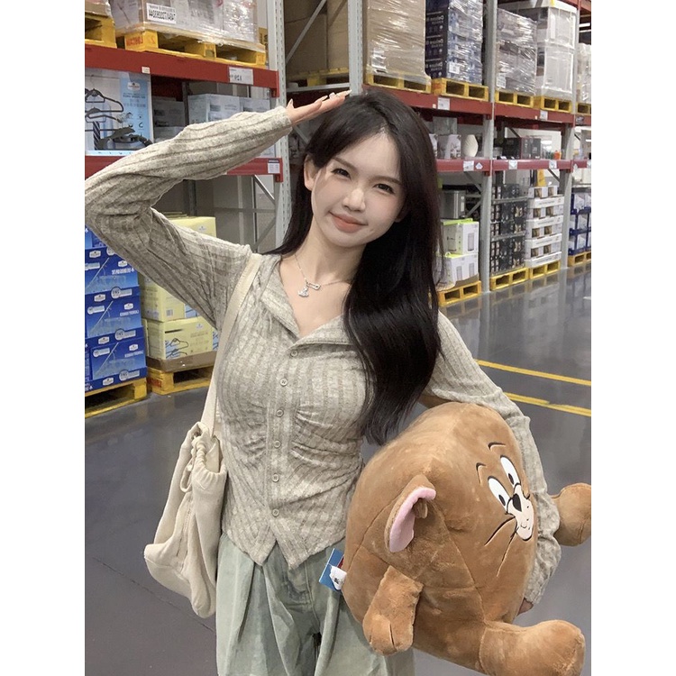 Áo Dệt Kim Tay Dài Dáng Ôm Xếp Ly Thời Trang Mùa Thu Xinh Xắn Cho Nữ
