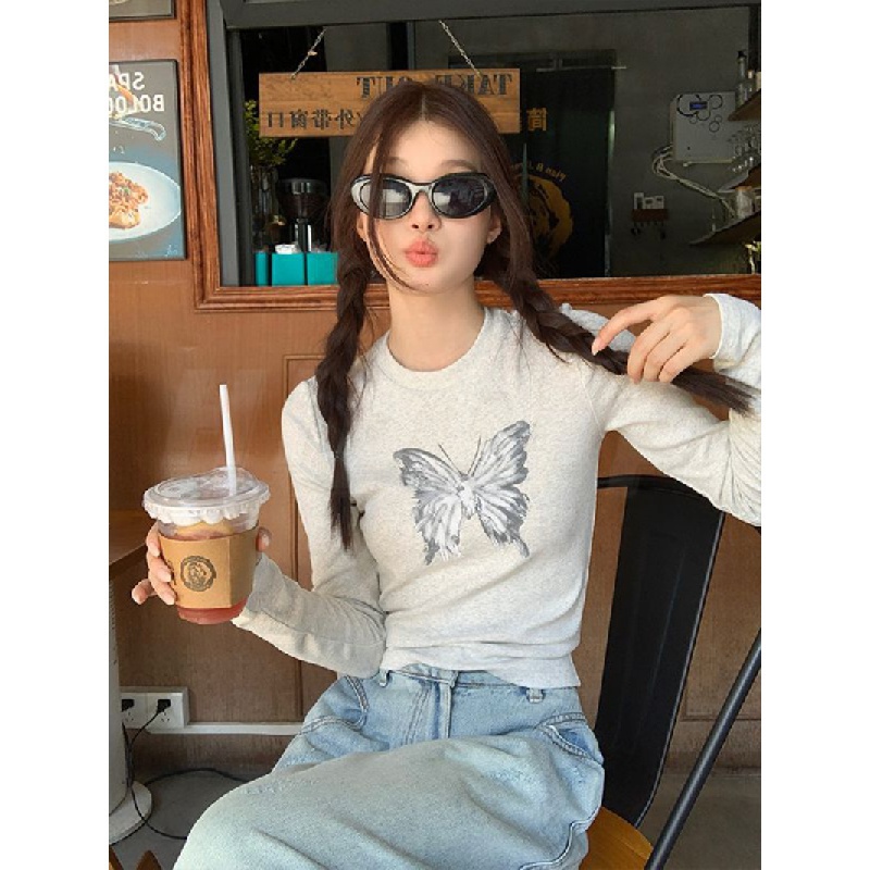 Áo baby tee Áo croptop tay dài Áo Thun Tinh Khiết Tay Dài Hở Vai Dáng Ôm In Họa Tiết Bướm Thời Trang Mùa Thu Cho Nữ