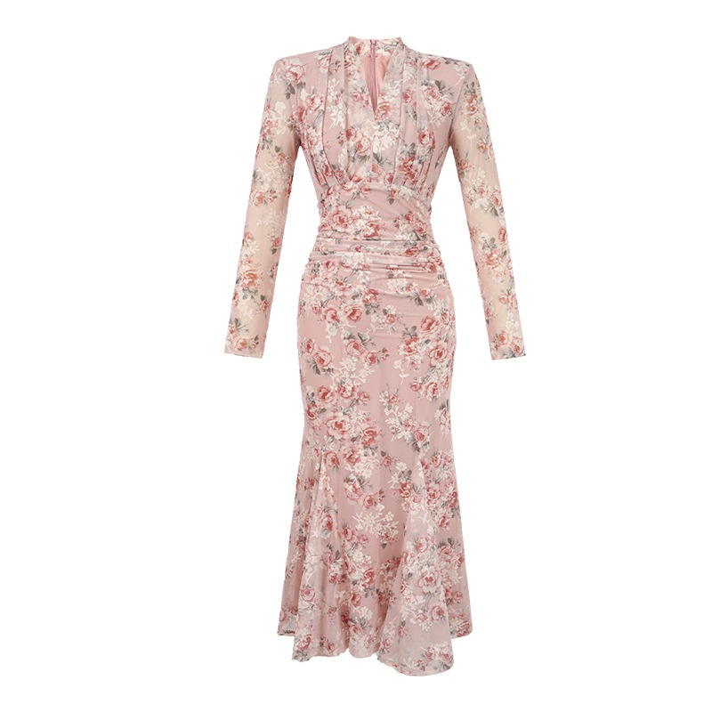 Đầm Đuôi Cá Dáng Dài In Họa Tiết Hoa Phong Cách Pháp Cổ Điển Thời Trang Mùa Thu Hàng Mới 2023 50448