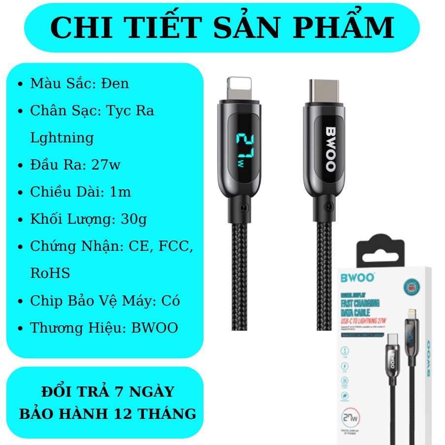 Dây sạc nhanh 27w chính hãng BWOO cáp bọc dù báo đèn dùng cho 14 13 12pro 11promax xsmax
