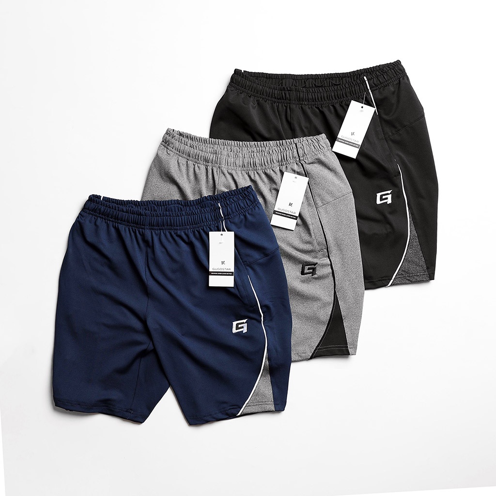 Quần Short Nam Thể Thao MIX G12 Gugostar, Vải Polyester Co Giãn 4 Chiều, Logo Thêu, 3 Túi Khóa Kéo