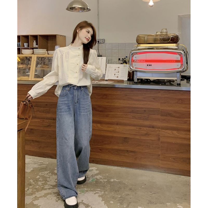 Áo Sơ Mi Cổ Đứng Tay Dài Dáng Rộng Phong Cách Pháp Thời Trang Mùa Thu 2023 Cho Nữ