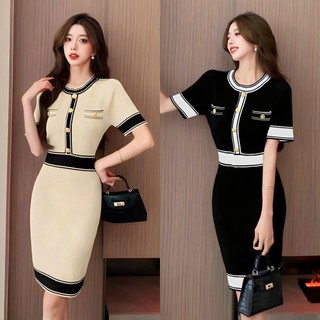 Đầm len body phối màu viền & nút cao cấp đơn giản thoải mái dạo phố chụp hình by4650
