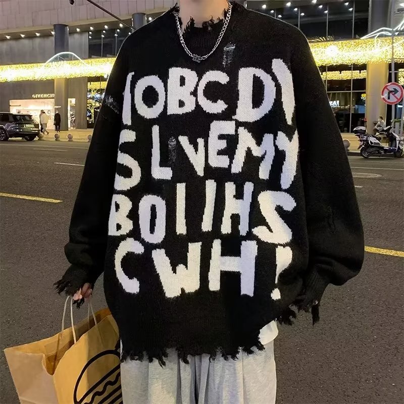 Áo sweater Dệt Kim Tay Dài Dáng Rộng In Chữ Kiểu Hồng Kông Thời Trang Thu Đông Cho Nam