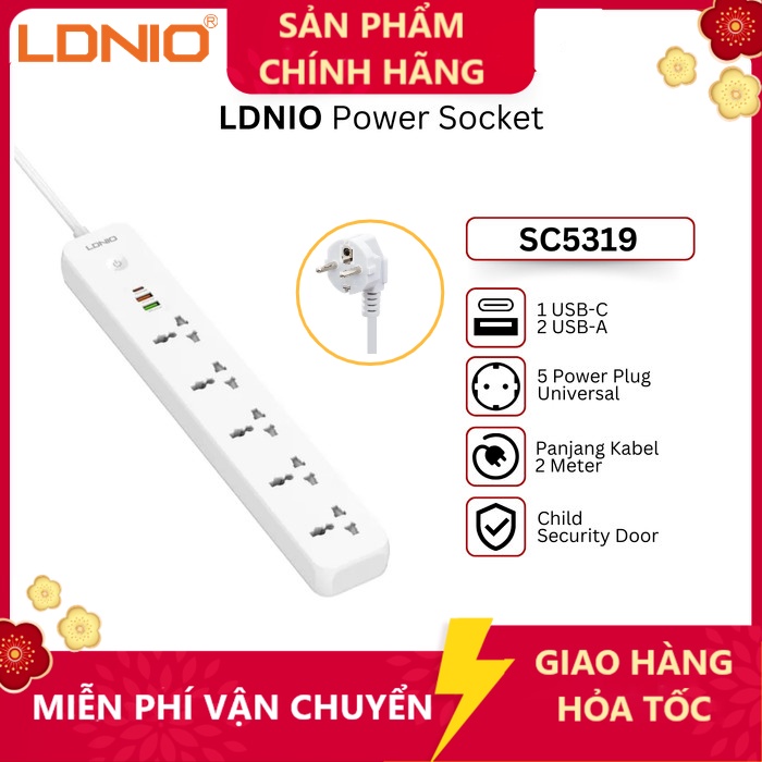 LDNIO SC5319 - Sạc nhanh 38W chịu tải 2500W  -  5 Ổ Cắm Điện 3 Cổng USB Cắm Nối Dài 2M Hỗ Trợ PD  + QC