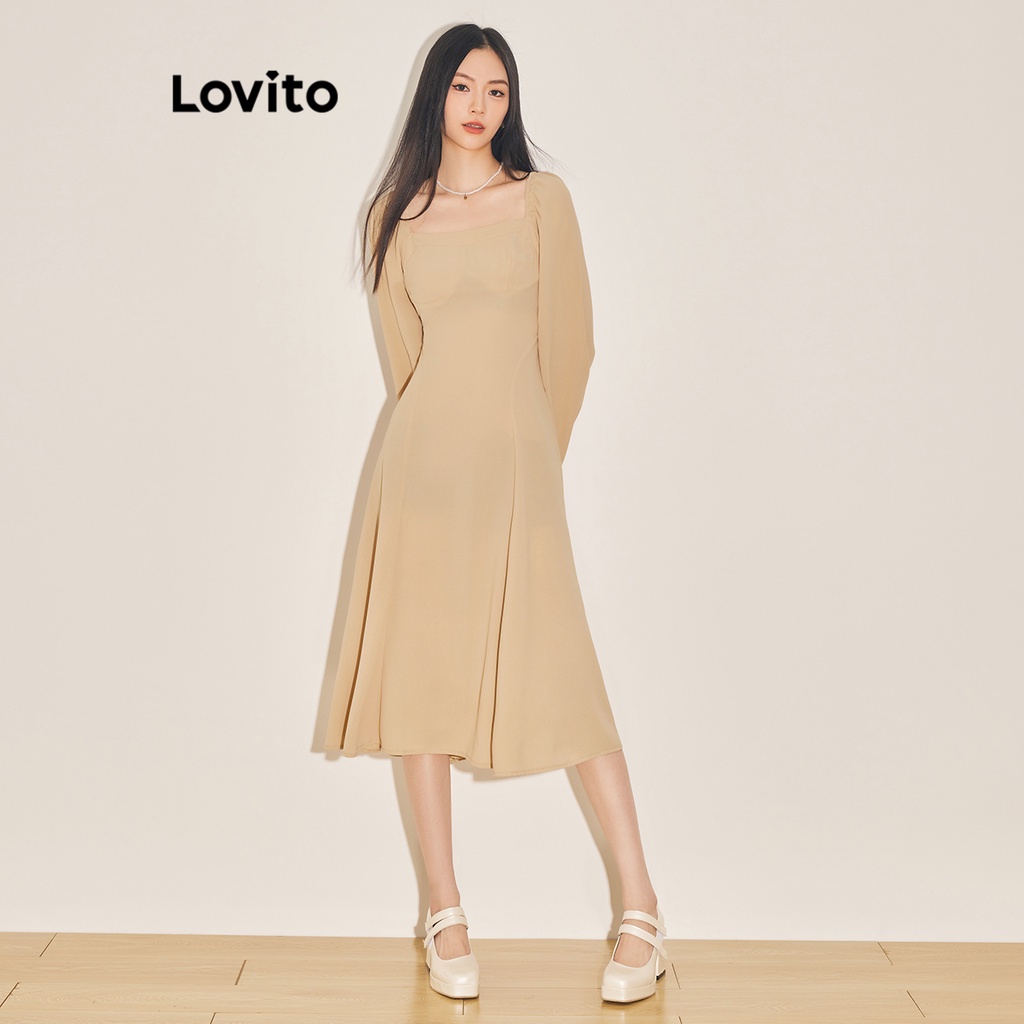 Đầm Lovito tay dài xếp nếp màu trơn thường ngày cho nữ L61AD084