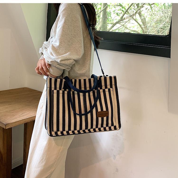 Túi tote Đeo Vai / Xách Tay Bằng Vải Bạt Kích Thước Lớn Họa Tiết Kẻ Sọc Thời Trang Mới 2023 Dành Cho Bạn Nữ