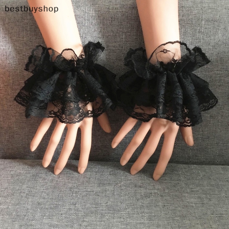Cửa Hàng Tốt Nhất Găng Tay Ren Hoa Ngắn Phối Bèo Màu Đen Co Giãn Phong Cách lolita Thanh Lịch Cho Nữ Dịp halloween Mới