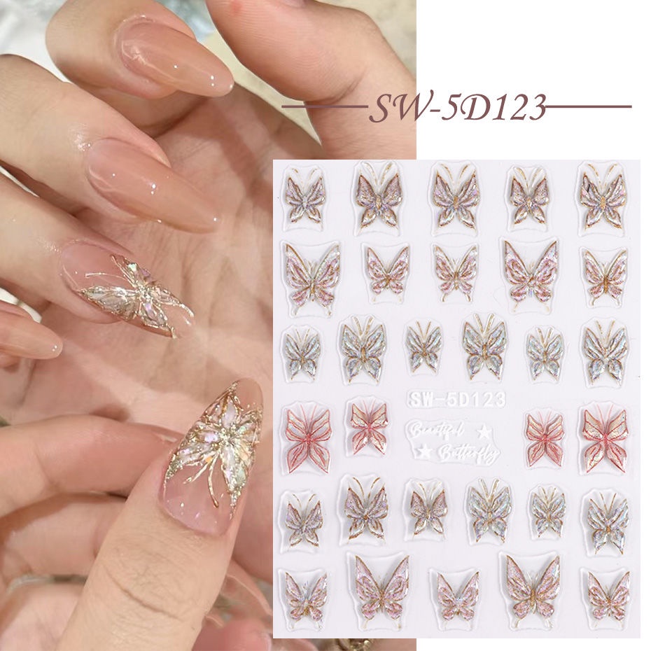 Miếng Dán Kính 5d Dập Nổi Hình Bướm Hoa Hồng Trang Trí Móng Tay