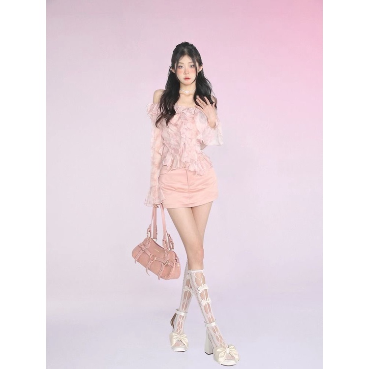 Set Áo Trễ Vai Tay Loe Dài Phối Bèo + Chân Váy Lưng Cao Thời Trang Cho Nữ