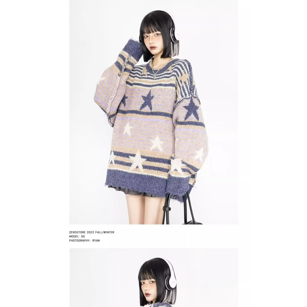 Áo sweater Chui Đầu Dáng Rộng Kẻ Sọc Ngang Phối Hình Ngôi Sao Kiểu retro Mỹ Thời Trang Thu Đông Cho Nam Và Nữ