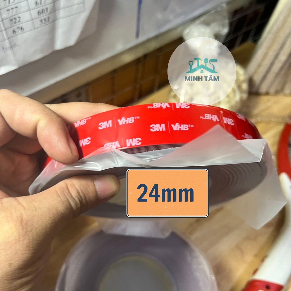 Băng Keo Hai Mặt Cường Lực 3M™ VHB™ 10mm-12mm-24mm -11 mét/ 1cuộn Cao Cấp