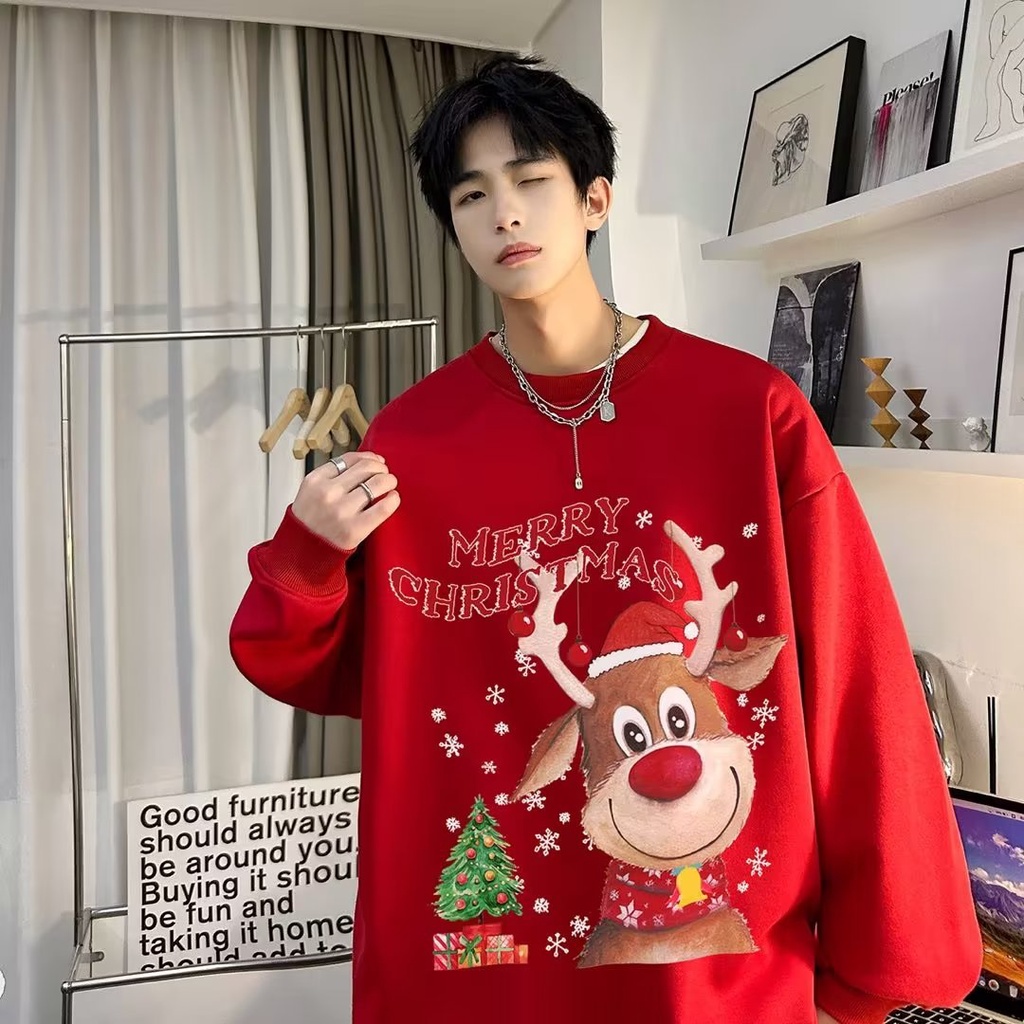 Áo sweater noel Dệt Kim Dày Dáng Rộng In Họa Tiết Giáng Sinh Cho Cặp Đôi