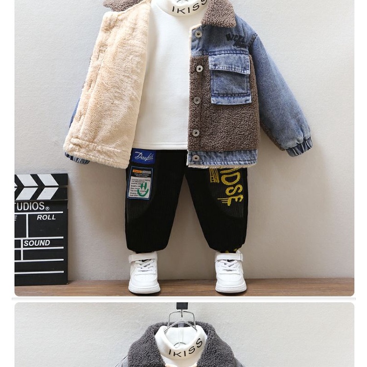 Áo Khoác denim Lót Nhung Lông Cừu Dày Dặn Thời Trang Thu Đông Cho Bé Trai