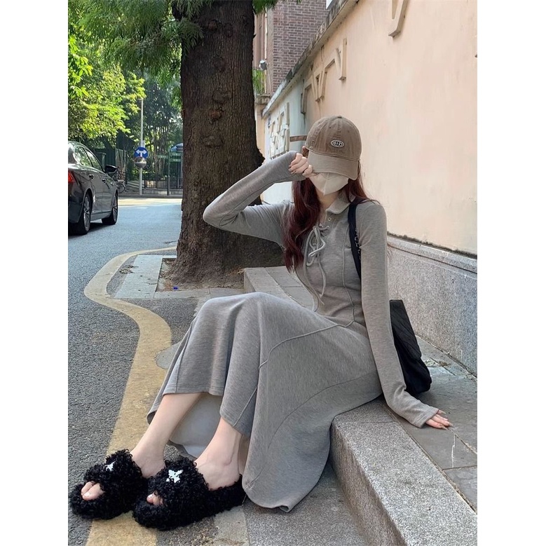 Đầm Xám Tay Dài Ôm Eo Phong Cách Thời Trang Thu Đông Cổ Điển Size s-xl