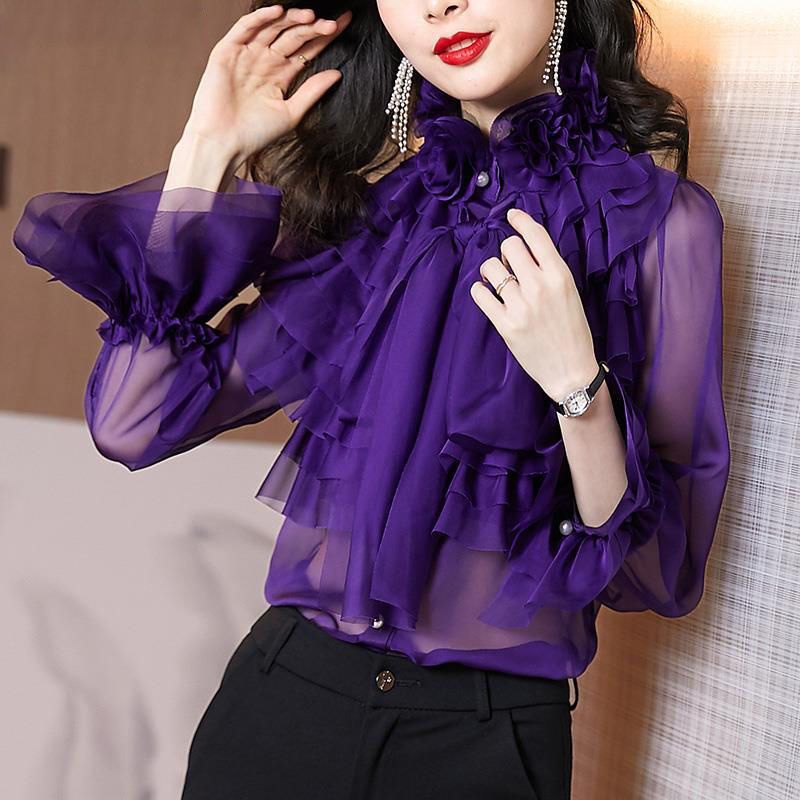 Áo Sơ Mi Voan Phối Bèo Thắt Nơ Xinh Xắn Thời Trang Cho Nữ