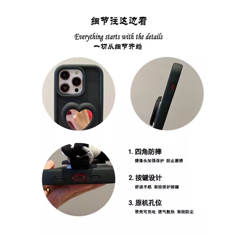 Ôp Điện Thoại Silicon Dẻo Màu Đen Kèm Gương & Dây Đeo & Dây Đeo Cho iphone 15 14 11 12 13 pro max x xr xsmax 7 8 plus Ốp