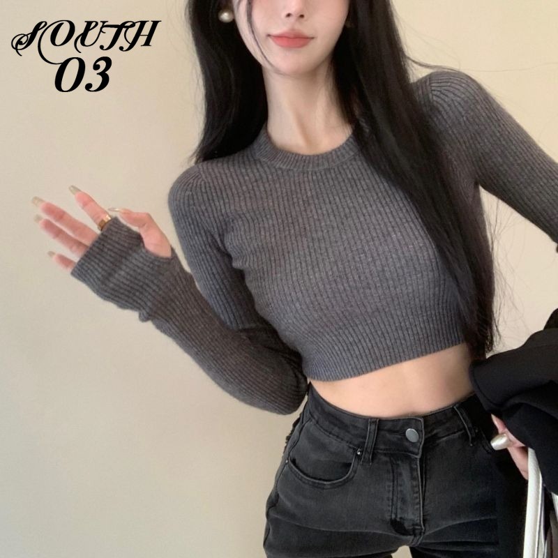 Áo sweater Cổ Tròn Màu Sắc Đơn Giản Cho Nữ Áo Croptop Áo Len