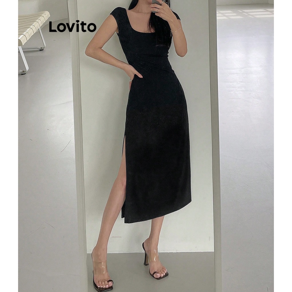 Đầm Lovito xẻ phía sau hở lưng màu trơn thường ngày cho nữ L68ED173