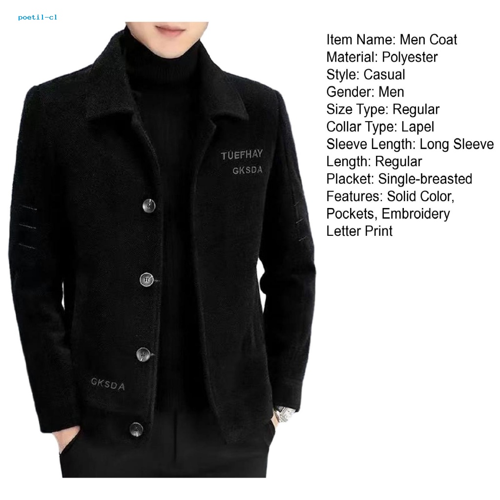 Poetil Áo Khoác Giữ Ấm Một Hàng Nút Có Túi Thêu Hình Thời Trang Mùa Đông Cho Nam