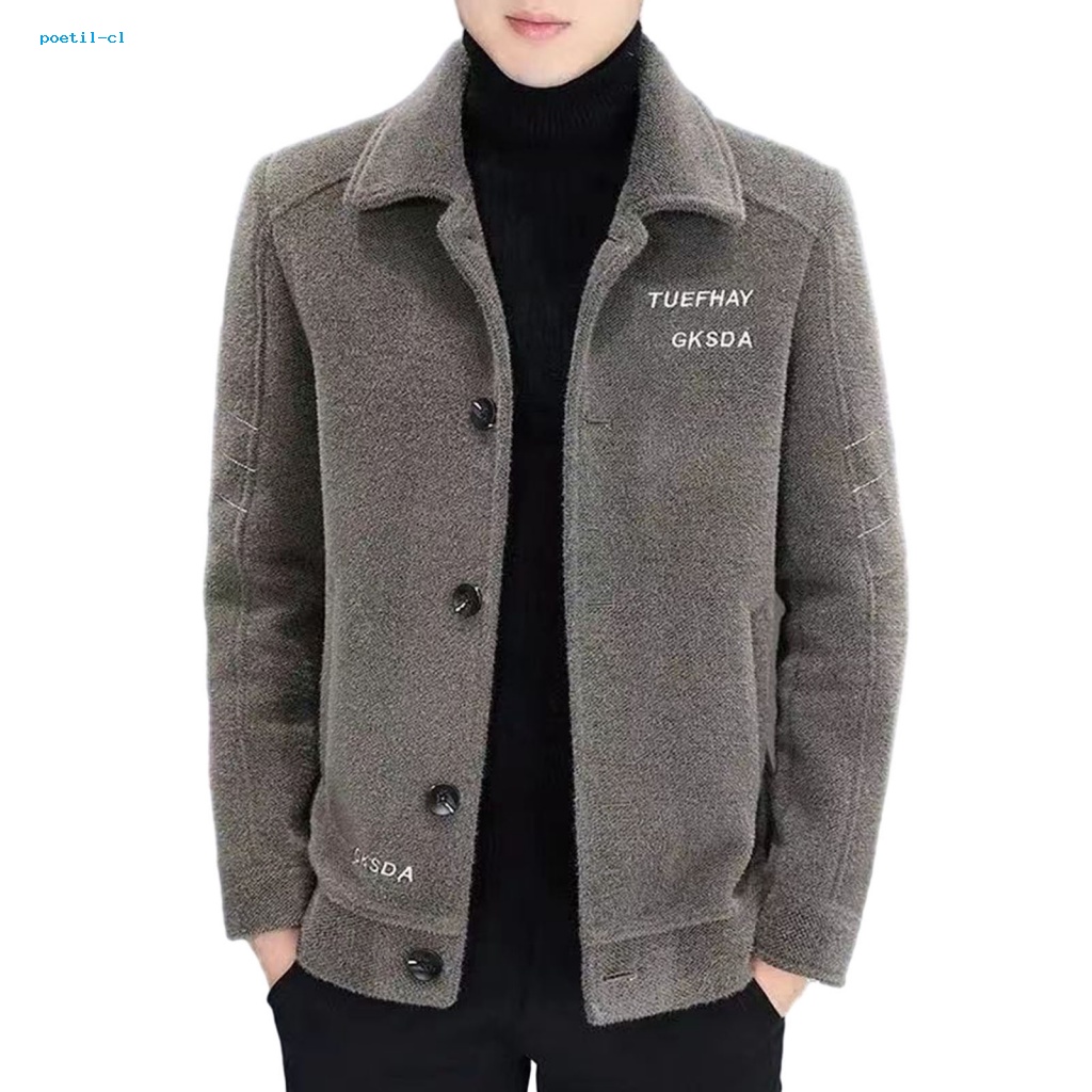 Poetil Áo Khoác Giữ Ấm Một Hàng Nút Có Túi Thêu Hình Thời Trang Mùa Đông Cho Nam