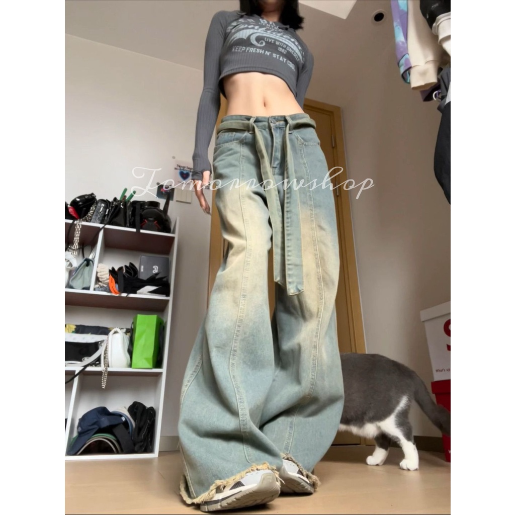 Tomorrow Quần Jean Nữ Lưng Cao Kiểu Hàn Quốc Quần jean dài ống rộng phong cách unisex TJL035
