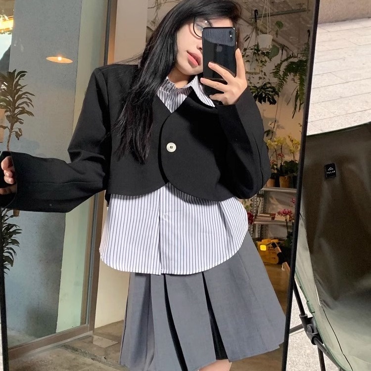 Áo khoác cardigan giả hai lớp tay dài dáng rộng thời trang mùa thu nữ, áo vest nữ Hàn Quốc công sở | BigBuy360 - bigbuy360.vn