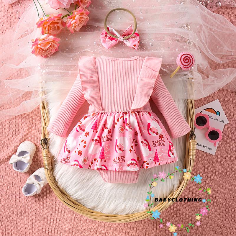 Set 2 Món Đầm Tay Dài + Băng Đô Cài Tóc Phong Cách Giáng Sinh Cho Bé Gái