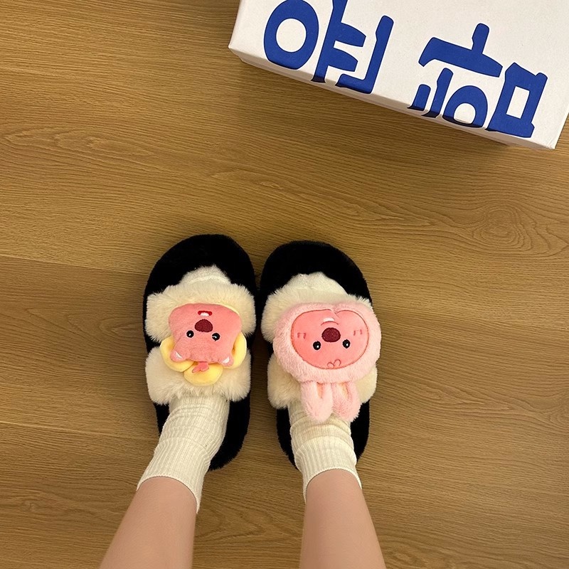 YAOLI  Giày cotton Len Chống Trượt Họa Tiết Vòng Tròn Hoạt Hình Siêu Phổ Biến Thời Trang Thu Đông Dành Cho Bạn Nữ