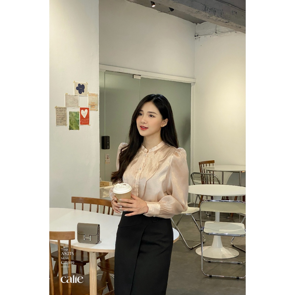 Áo sơ mi nữ dài tay cổ tàu phối đáp ngực CALIE AS274