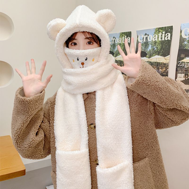 Mũ Trùm Đầu Kèm Khẩu Trang Chống Gió Giữ Ấm Tai Hình Gấu Dễ Thương