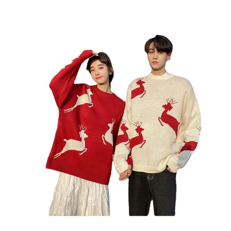 Áo Sweater Len Nam Form Rộng Giáng Sinh In Hình Tuần Lộc Thời Trang Mùa Đông Phong Cách Năm Mới Cho Cặp Đôi