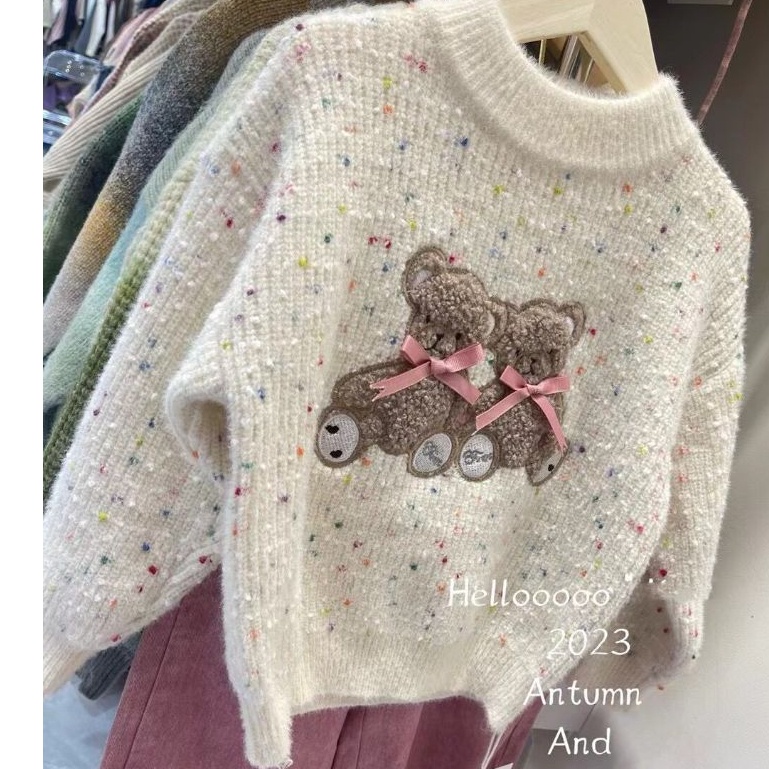 Áo len kiểu bé gái xuất Hàn, Áo len lông thỏ cho bé 4-10 tuổi đáp hình và đính nơ nhiều màu đanh sợi không bai xù