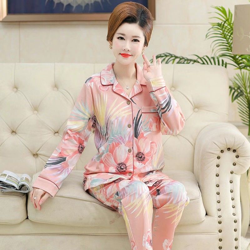 Bộ Đồ Ngủ Tay Dài Chất Liệu cotton Cao Cấp plus size Cho Nữ Trung Niên