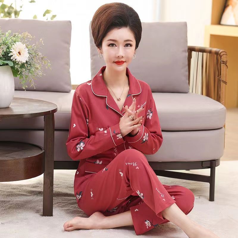 Bộ Đồ Ngủ Tay Dài Chất Liệu cotton Cao Cấp plus size Cho Nữ Trung Niên