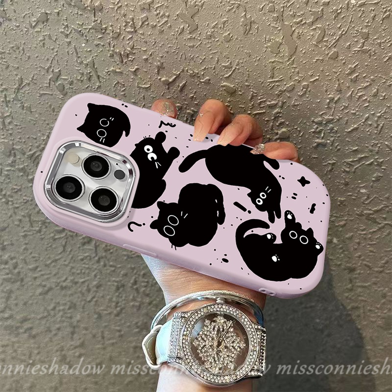 Hoạt Hình Ốp Điện Thoại Hình Mèo Đen Dễ Thương Viền Kim Loại Cho iphone 11 15 12 14 13 pro max 7plus 7 8 plus x xr xs max