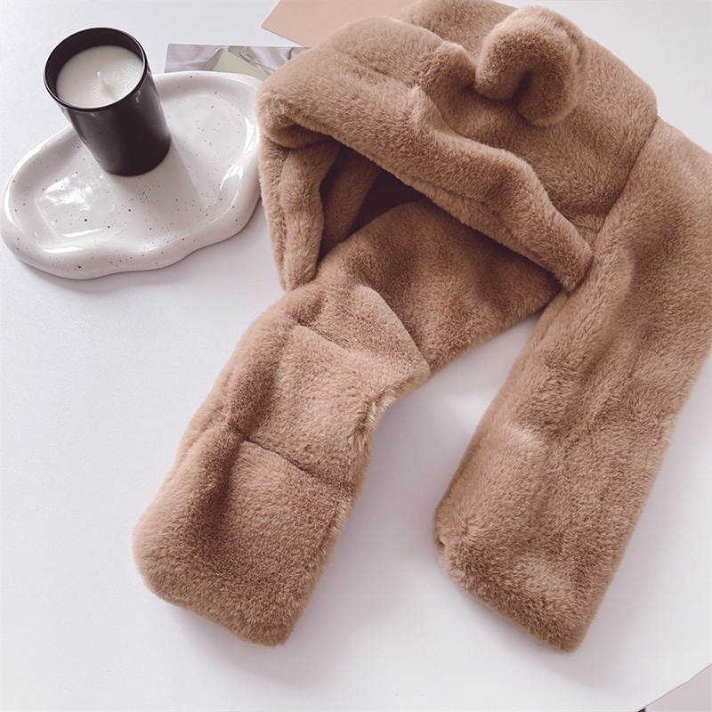 Mũ Trùm Đầu Giữ Ấm Tai Và Khăn Choàng Cổ Phủ Lông Dễ Thương Thời Trang Thu Đông Cho Bé Trai Và Bé Gái