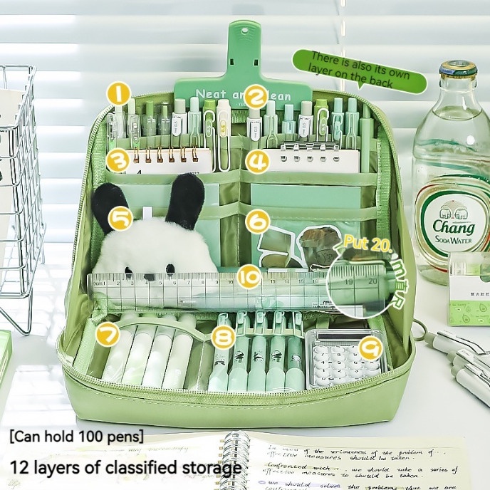 Túi Đựng Bút Chì 12 Ngăn Bằng Vải Bạt Sức Chứa Lớn Phong Cách Nhật Bản Cho Nữ Sinh