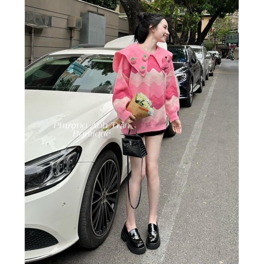 Aó Len Gấu lotso Cổ Sen Phối Dâu Màu Hồng Lượn Sóng Form Rộng Kèm Ảnh Thời Trang Thu Đông 2023 Siêu Cute Kèm Ảnh Thật