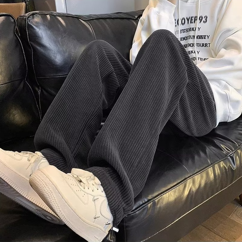 Quần Thể Thao Ống Rộng Vải Nhung Kẻ Thời Trang Thu Đông Cho Nam