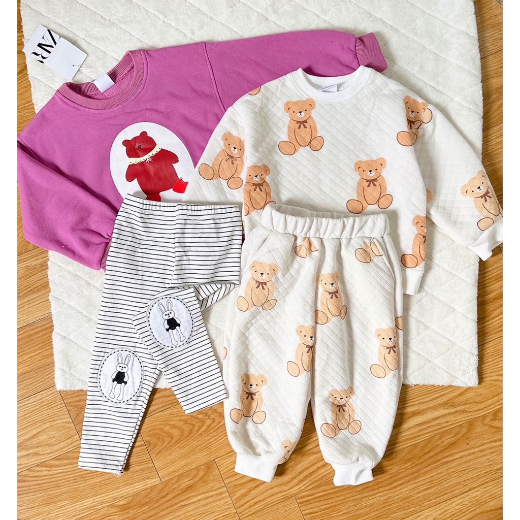 ✨MALINHKID✨BN082- Bộ áo nỉ bông GẤU đỏ quàng khăn mix legging kẻ trẻ em VNXK