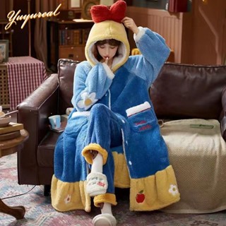 Yuyureal Áo Choàng Ngủ Dáng Dài Bằng Vải Nhung Dày Dặn Dễ Thương Phong Cách Hàn Quốc